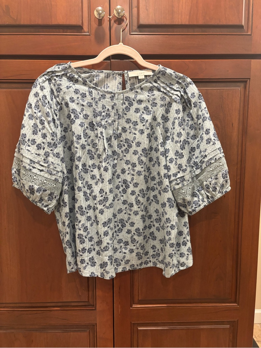 LOFT Blue Floral Puff-Sleeve Blouse with Lace Trim